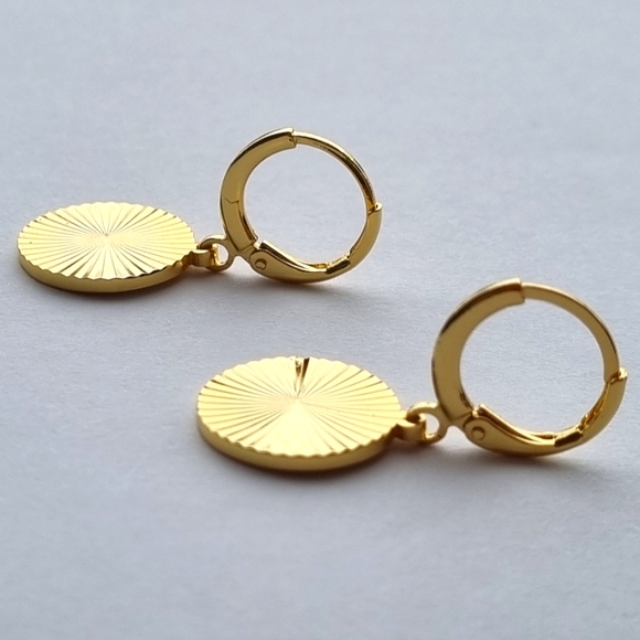 Earrings | Gold Toned | Round, Textured Sunburst | Huggies Hoop Drop Style. 💕 - Picture 11 of 16